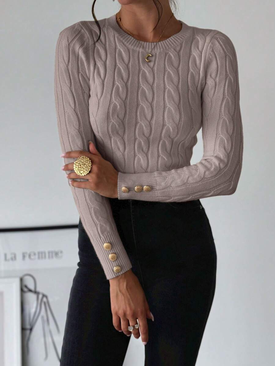 Nerissa Slim Cable Knit Sweater with Crew Neck and Button Detail - Taupe