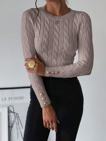 Nerissa Slim Cable Knit Sweater with Crew Neck and Button Detail - Taupe