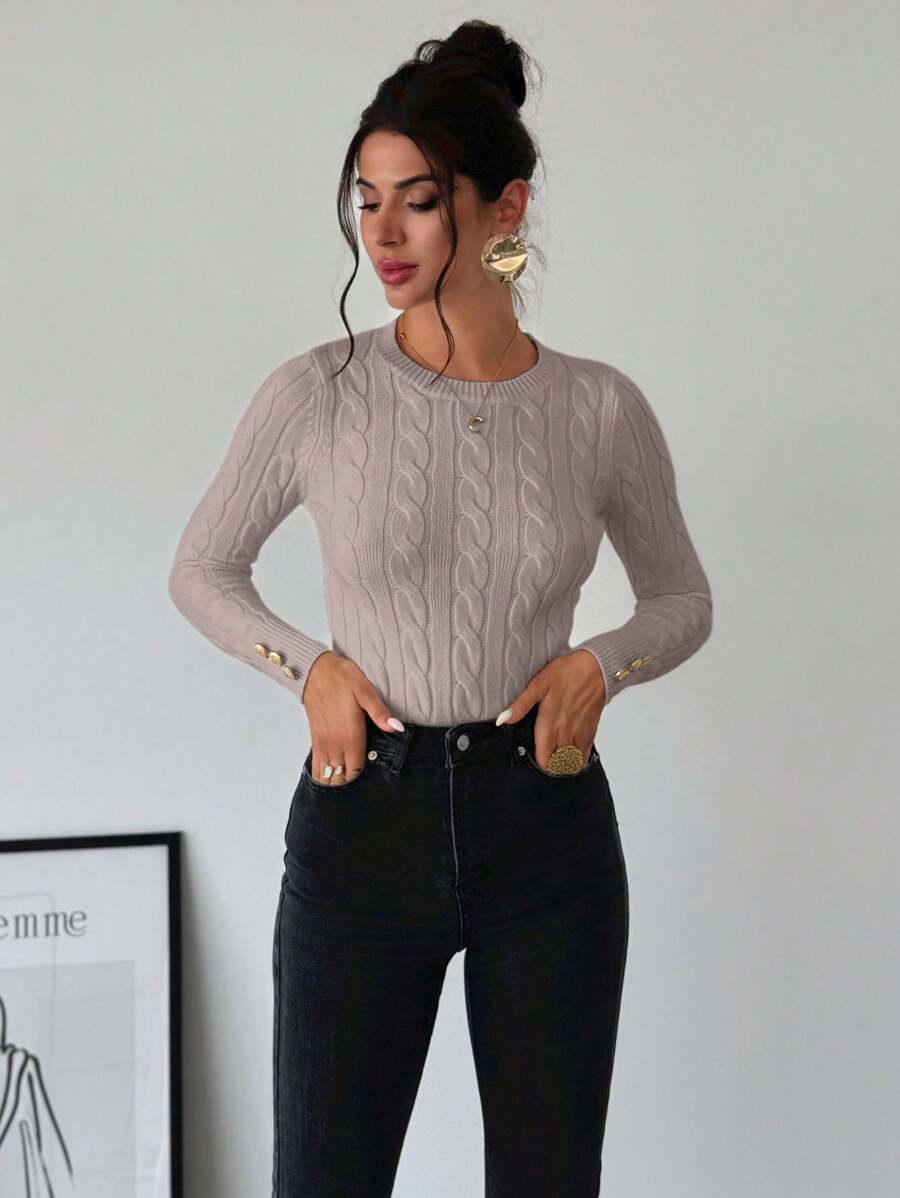 Nerissa Slim Cable Knit Sweater with Crew Neck and Button Detail - Taupe