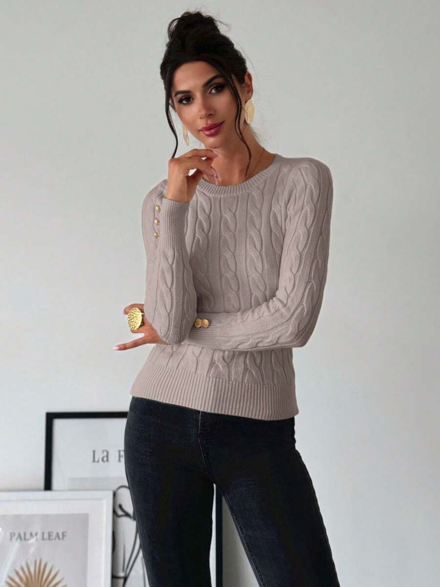 Nerissa Slim Cable Knit Sweater with Crew Neck and Button Detail - Taupe