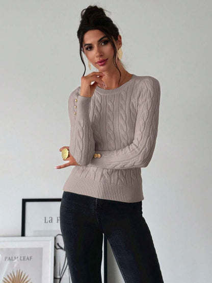 Nerissa Slim Cable Knit Sweater with Crew Neck and Button Detail - Taupe