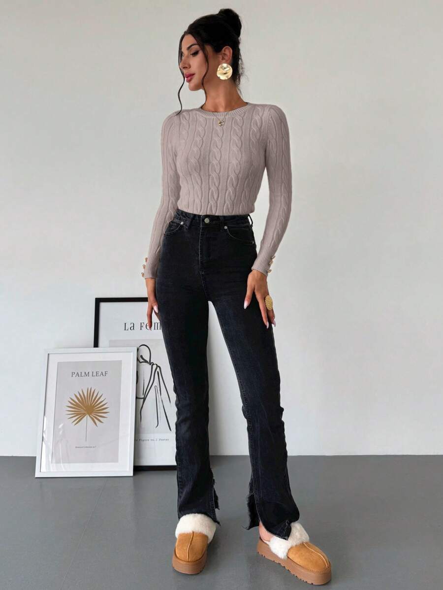 Nerissa Slim Cable Knit Sweater with Crew Neck and Button Detail - Taupe
