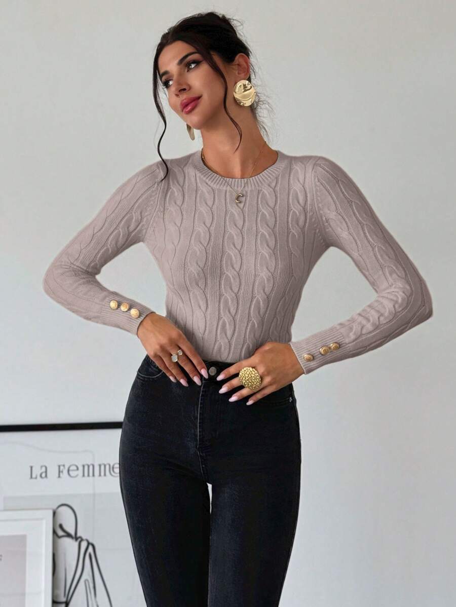 Nerissa Slim Cable Knit Sweater with Crew Neck and Button Detail - Taupe
