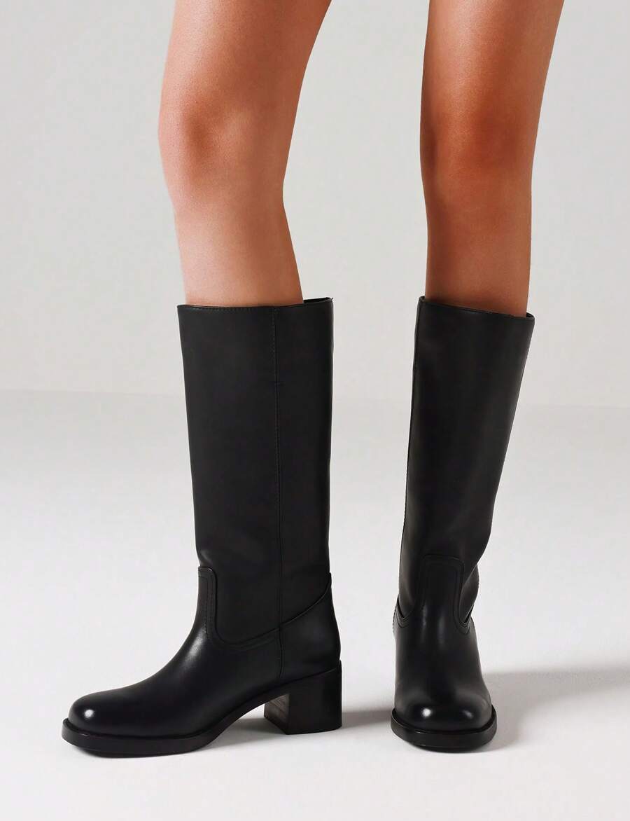 Knee High Boots For Woman Square Toe Fall Wide Calf Pull On Chunky Block Heeled Boots Riding Boots Autumn Casual Comfortable Block Heels For Women Mensa
