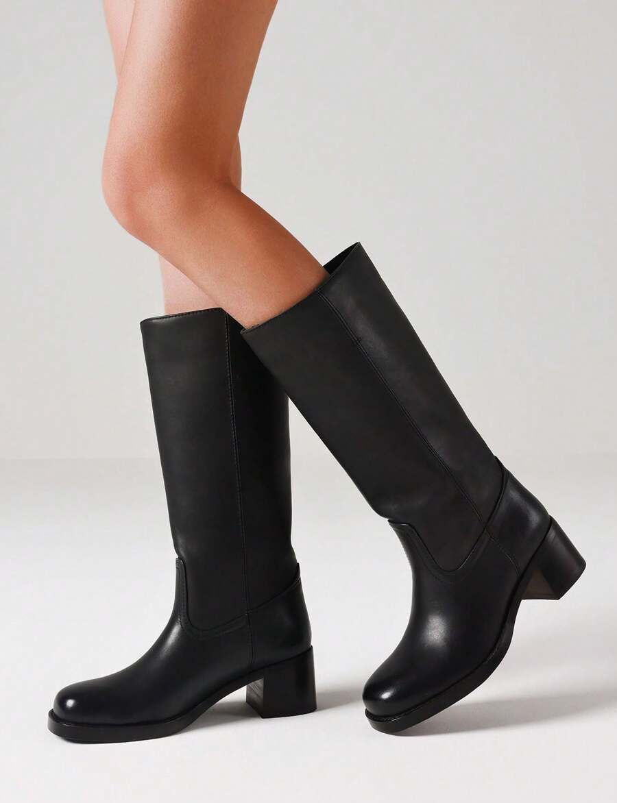Knee High Boots For Woman Square Toe Fall Wide Calf Pull On Chunky Block Heeled Boots Riding Boots Autumn Casual Comfortable Block Heels For Women Mensa