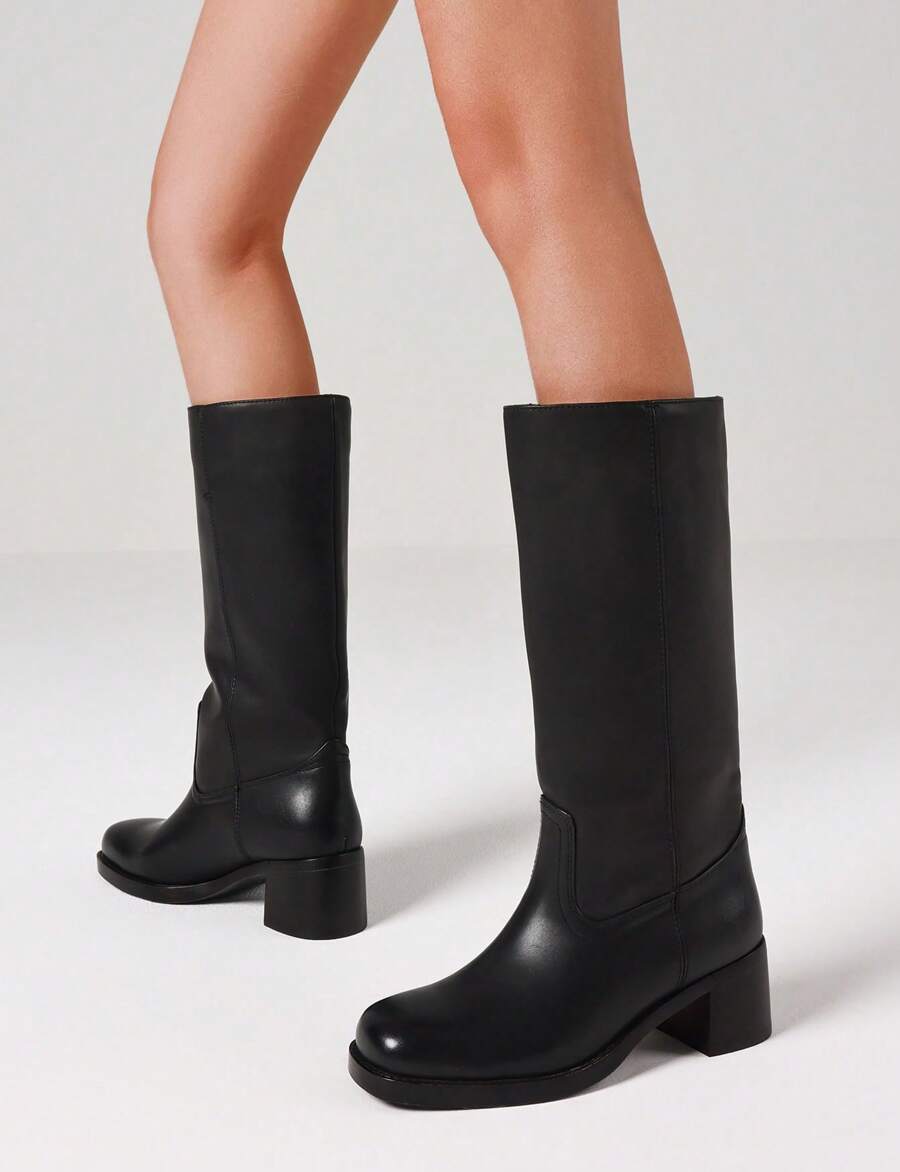 Knee High Boots For Woman Square Toe Fall Wide Calf Pull On Chunky Block Heeled Boots Riding Boots Autumn Casual Comfortable Block Heels For Women Mensa