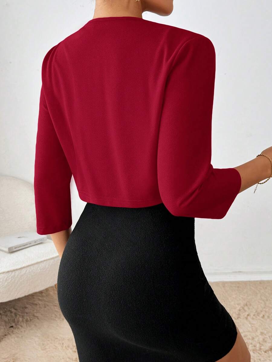 Philomena Pleated Neckline Open Front Cropped Knit Blazer - Red