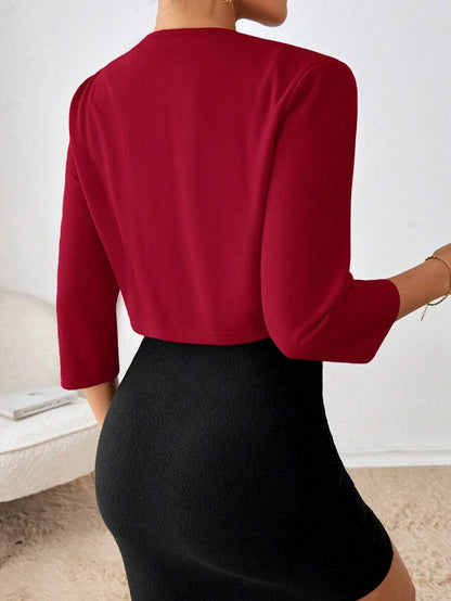 Philomena Pleated Neckline Open Front Cropped Knit Blazer - Red