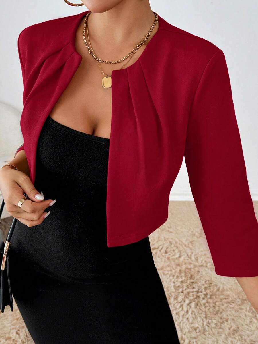 Philomena Pleated Neckline Open Front Cropped Knit Blazer - Red