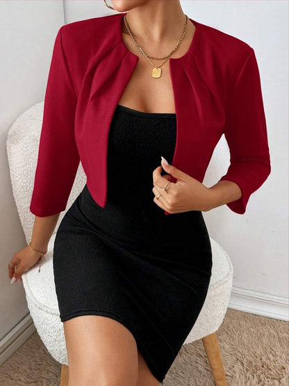 Philomena Pleated Neckline Open Front Cropped Knit Blazer - Red