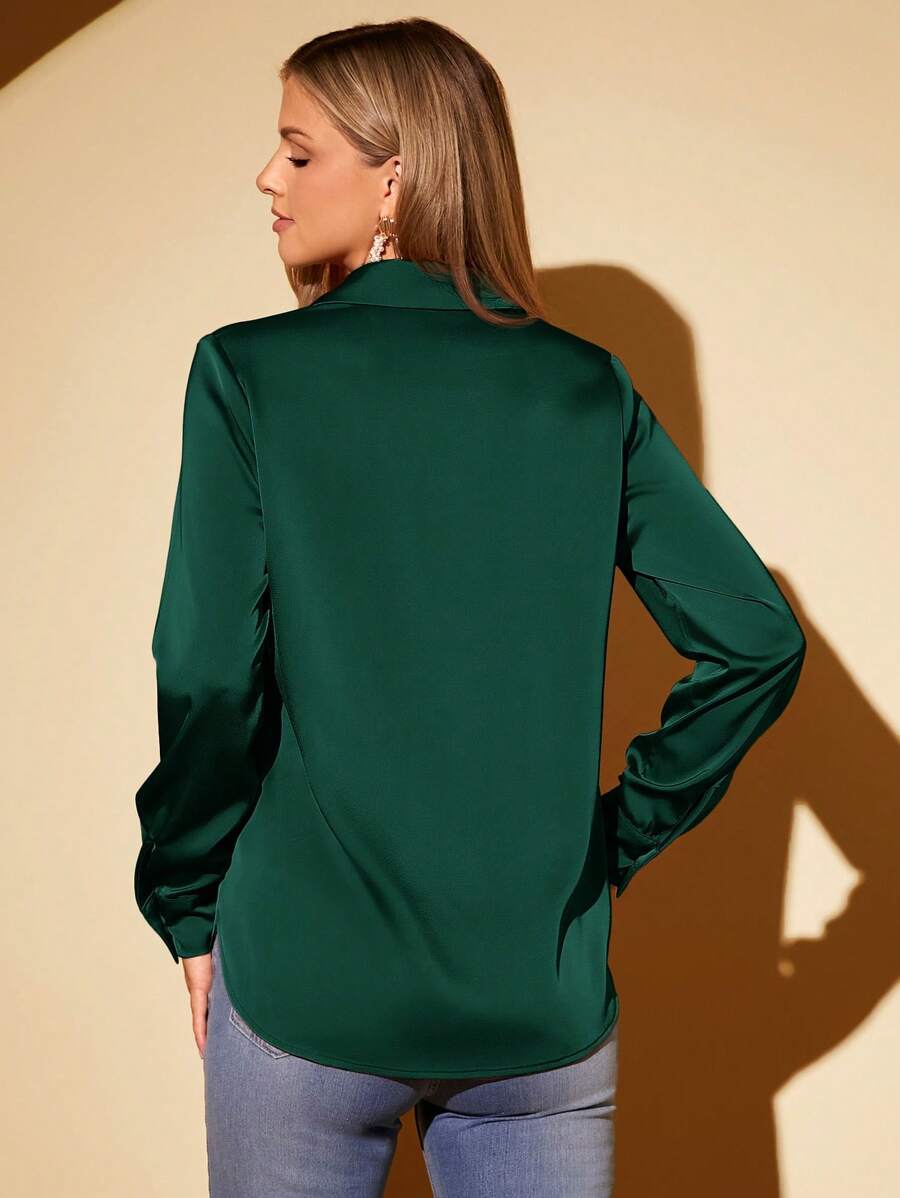 Women's Satin Collared Long Sleeve Shirt, Lapel Silky Blouse for Work and Evening - Baby Blue