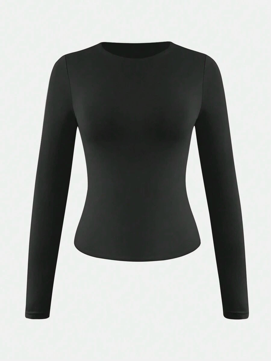 Aurora Slim Fit Round Neck Long Sleeve Tee - Black