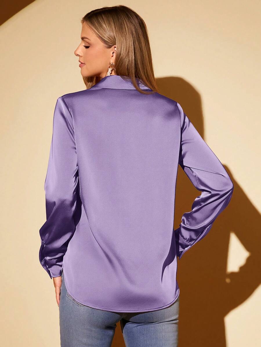 Women's Satin Collared Long Sleeve Shirt, Lapel Silky Blouse for Work and Evening - Apricot