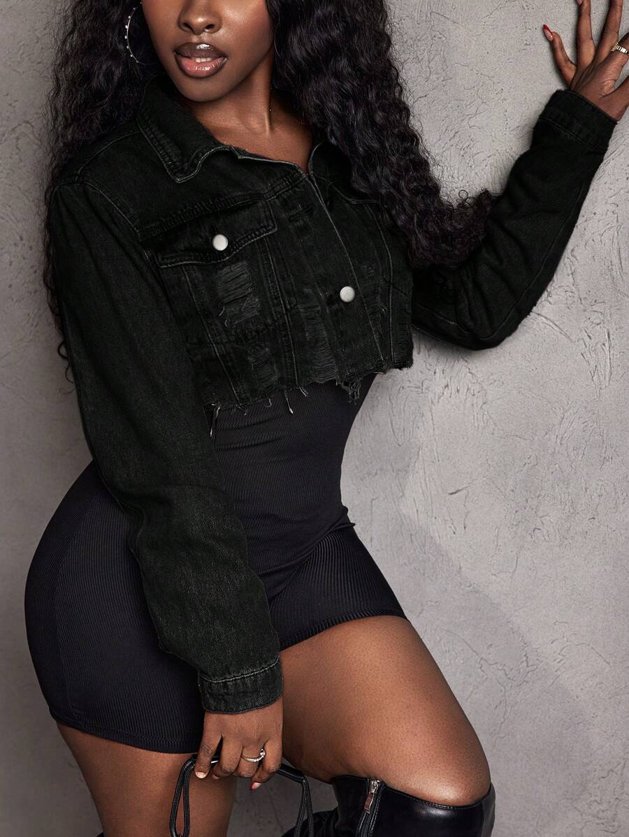 Hazel Distressed Crop Button Denim Jacket - Coffee Brown