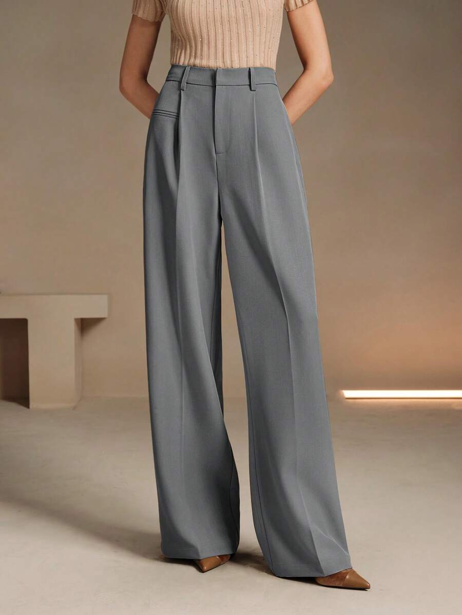 Women's Belted Straight Leg Suit Trousers, Stretch Dress Pants for Work Office - Burgundy