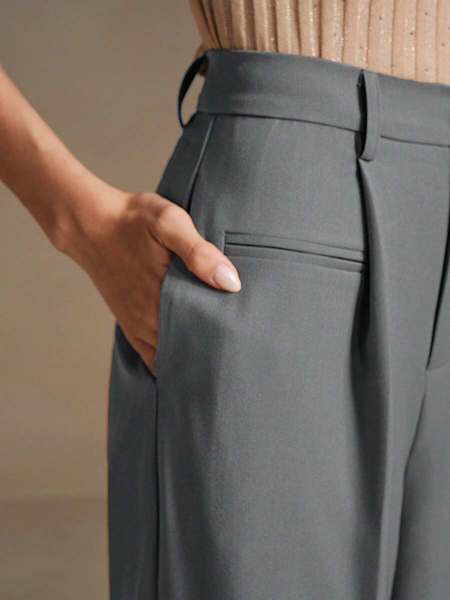 Women's Belted Straight Leg Suit Trousers, Stretch Dress Pants for Work Office - Black