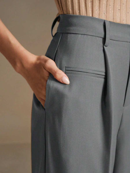 Women's Belted Straight Leg Suit Trousers, Stretch Dress Pants for Work Office - Black