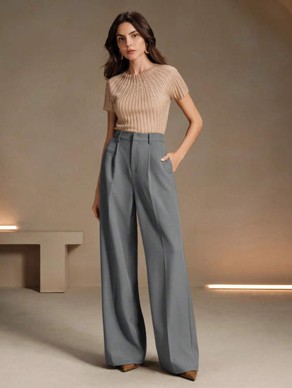 Women's Belted Straight Leg Suit Trousers, Stretch Dress Pants for Work Office - Bronze