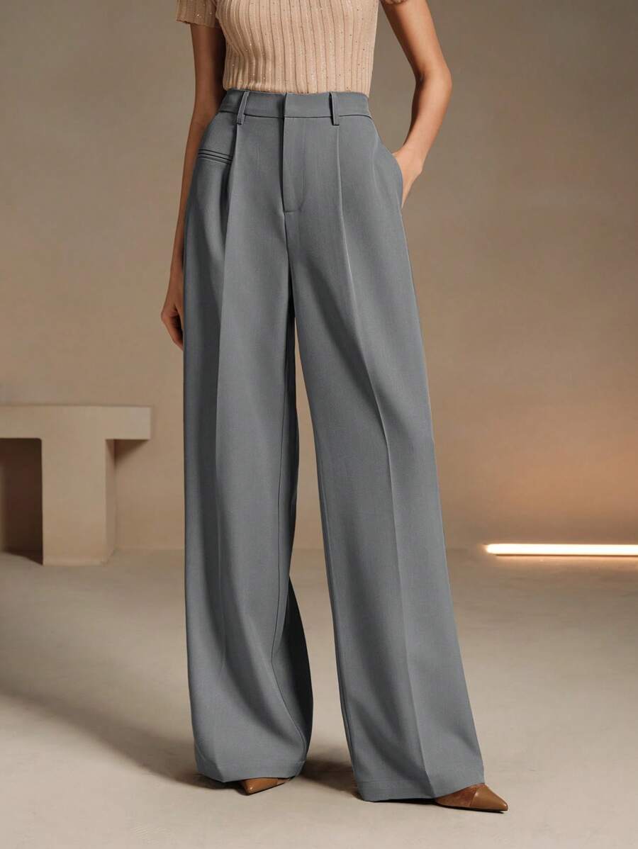 Women's Belted Straight Leg Suit Trousers, Stretch Dress Pants for Work Office - Grey