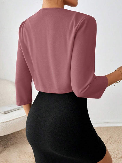 Philomena Pleated Neckline Open Front Cropped Knit Blazer - Mauve