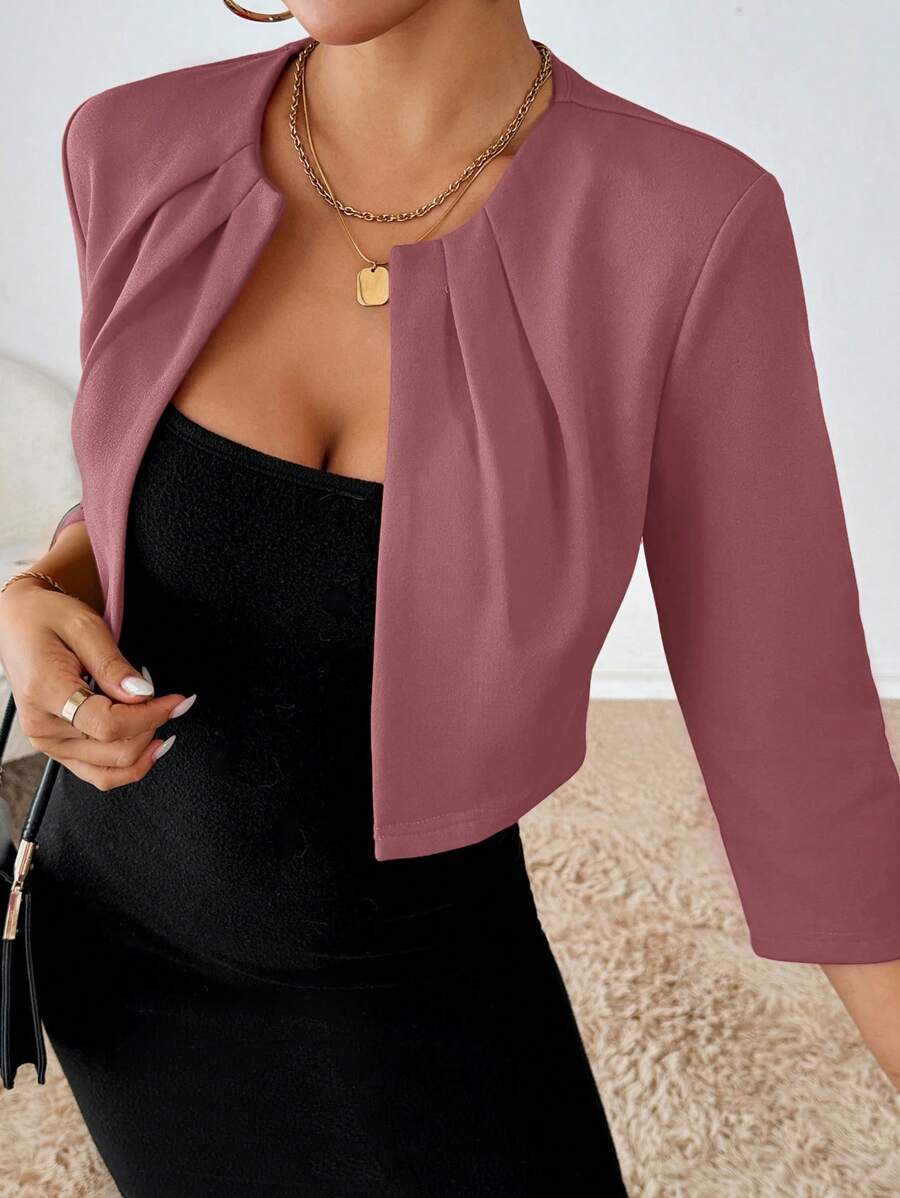 Philomena Pleated Neckline Open Front Cropped Knit Blazer - Mauve