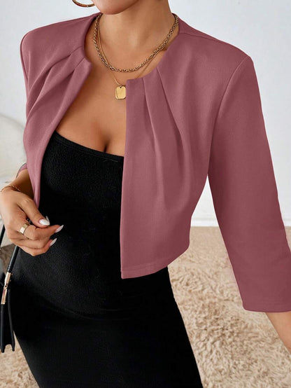 Philomena Pleated Neckline Open Front Cropped Knit Blazer - Mauve