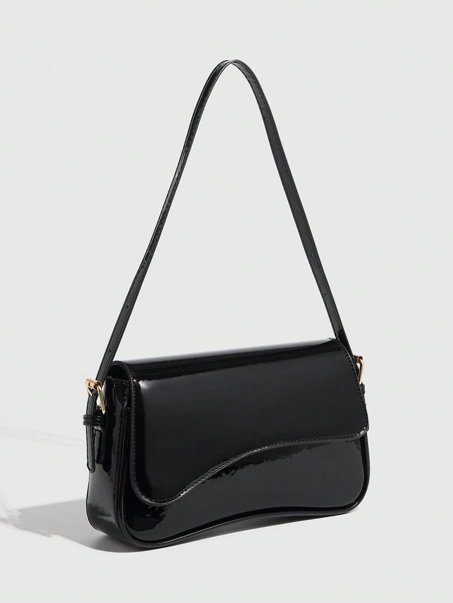 Riga Patent Faux Leather Flap Shoulder Bag - Black