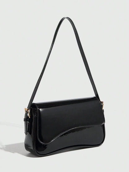 Riga Patent Faux Leather Flap Shoulder Bag - Black