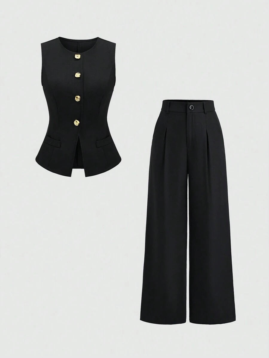 Rhea Two Piece Set Button Vest and Pleated Wide Leg Pants - Black