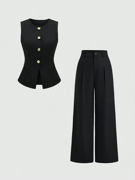 Rhea Two Piece Set Button Vest and Pleated Wide Leg Pants - Black