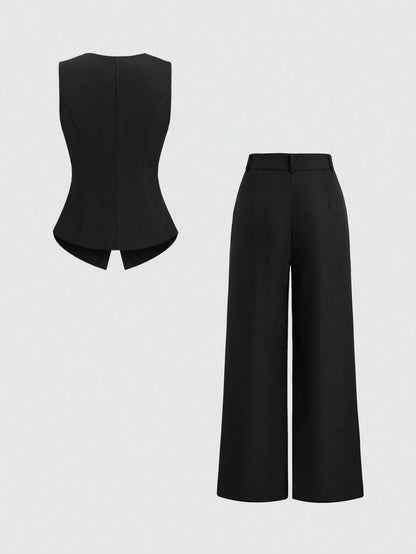 Rhea Two Piece Set Button Vest and Pleated Wide Leg Pants - Black