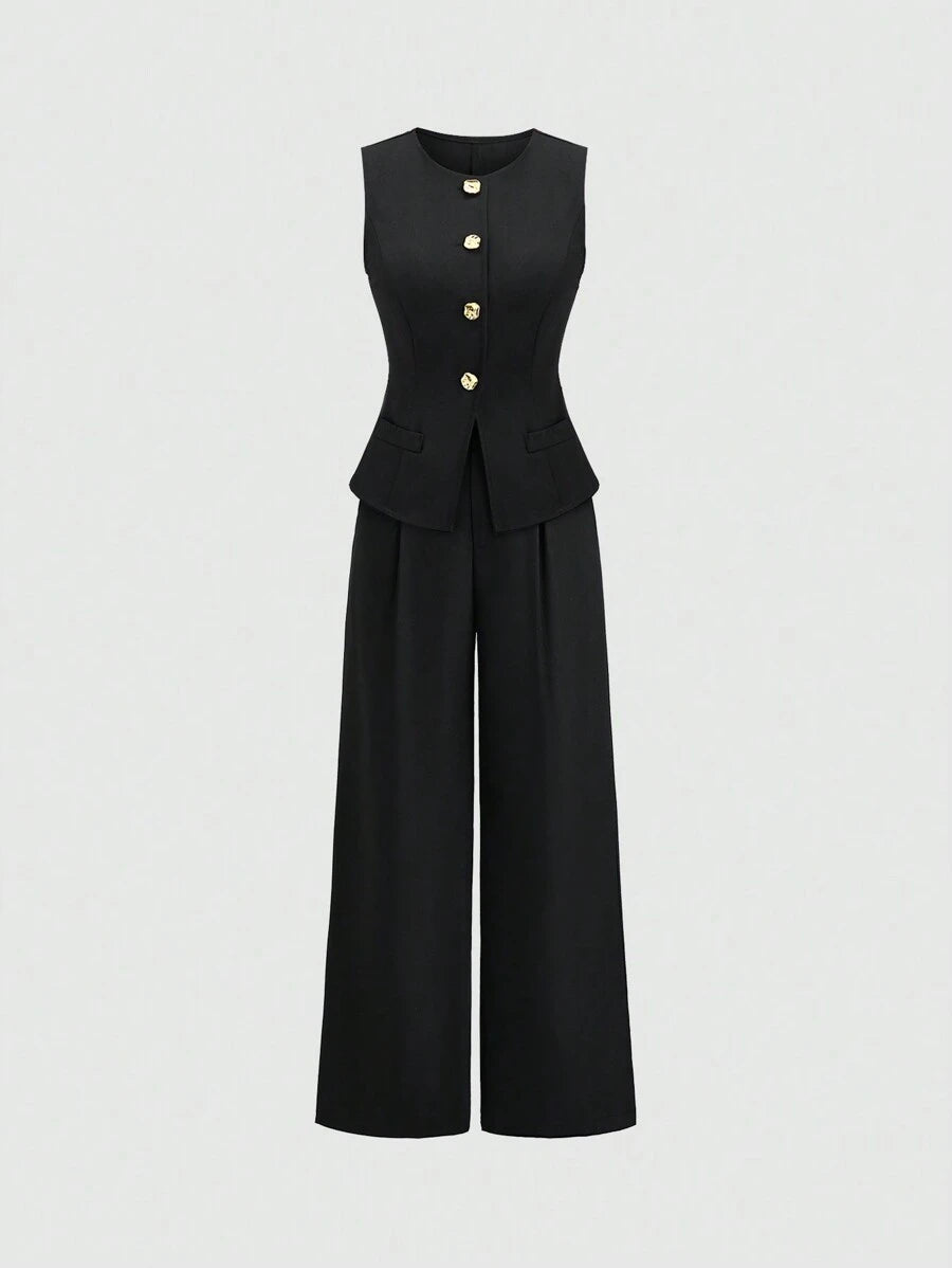 Rhea Two Piece Set Button Vest and Pleated Wide Leg Pants - Black
