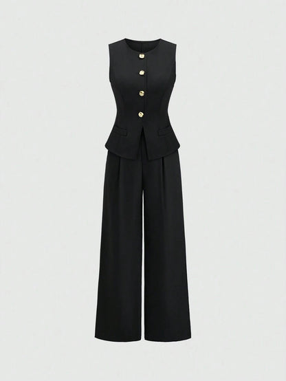 Rhea Two Piece Set Button Vest and Pleated Wide Leg Pants - Black