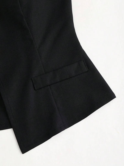 Rhea Two Piece Set Button Vest and Pleated Wide Leg Pants - Black
