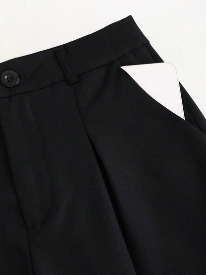 Rhea Two Piece Set Button Vest and Pleated Wide Leg Pants - Black