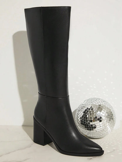 SHUZIA Staple Women's 2.5" Block Heel Snip Toe Premium Oil-Finished PU Black Knee High Boots– Sleek, Comfortable & Timeless, Elevate Your Look Season After Season For Christmas Valentine's Day Mensa