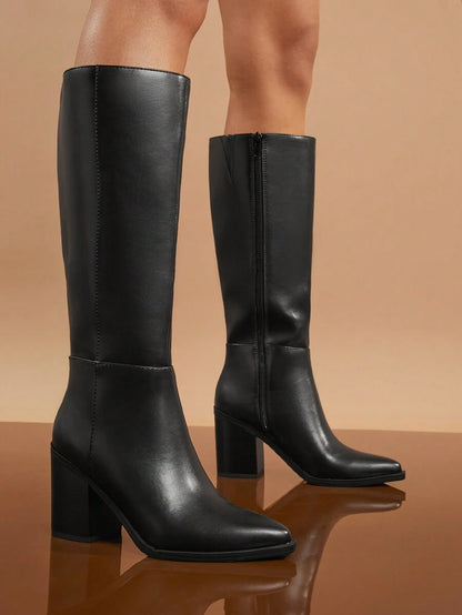 SHUZIA Staple Women's 2.5" Block Heel Snip Toe Premium Oil-Finished PU Black Knee High Boots– Sleek, Comfortable & Timeless, Elevate Your Look Season After Season For Christmas Valentine's Day Mensa