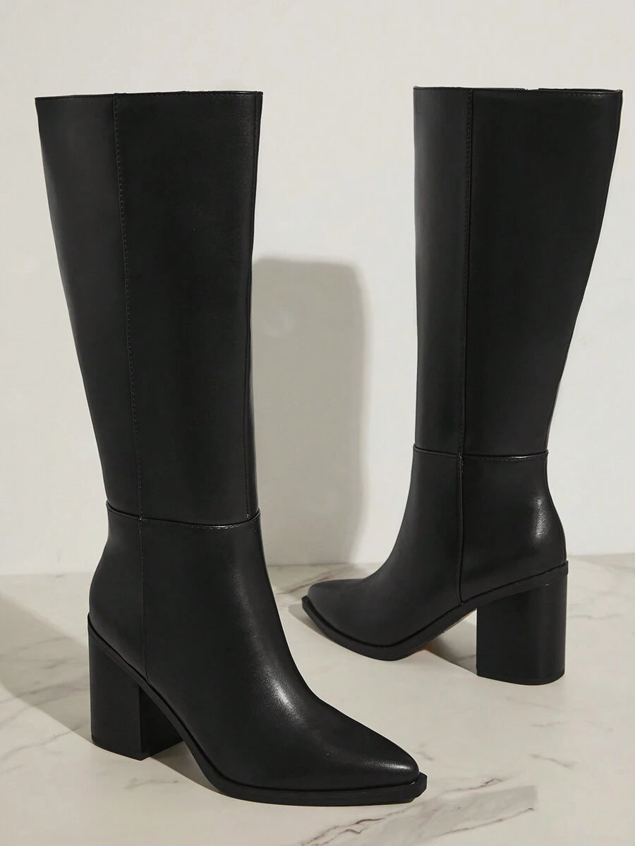 SHUZIA Staple Women's 2.5" Block Heel Snip Toe Premium Oil-Finished PU Black Knee High Boots– Sleek, Comfortable & Timeless, Elevate Your Look Season After Season For Christmas Valentine's Day Mensa