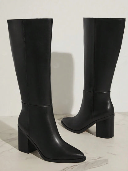 SHUZIA Staple Women's 2.5" Block Heel Snip Toe Premium Oil-Finished PU Black Knee High Boots– Sleek, Comfortable & Timeless, Elevate Your Look Season After Season For Christmas Valentine's Day Mensa
