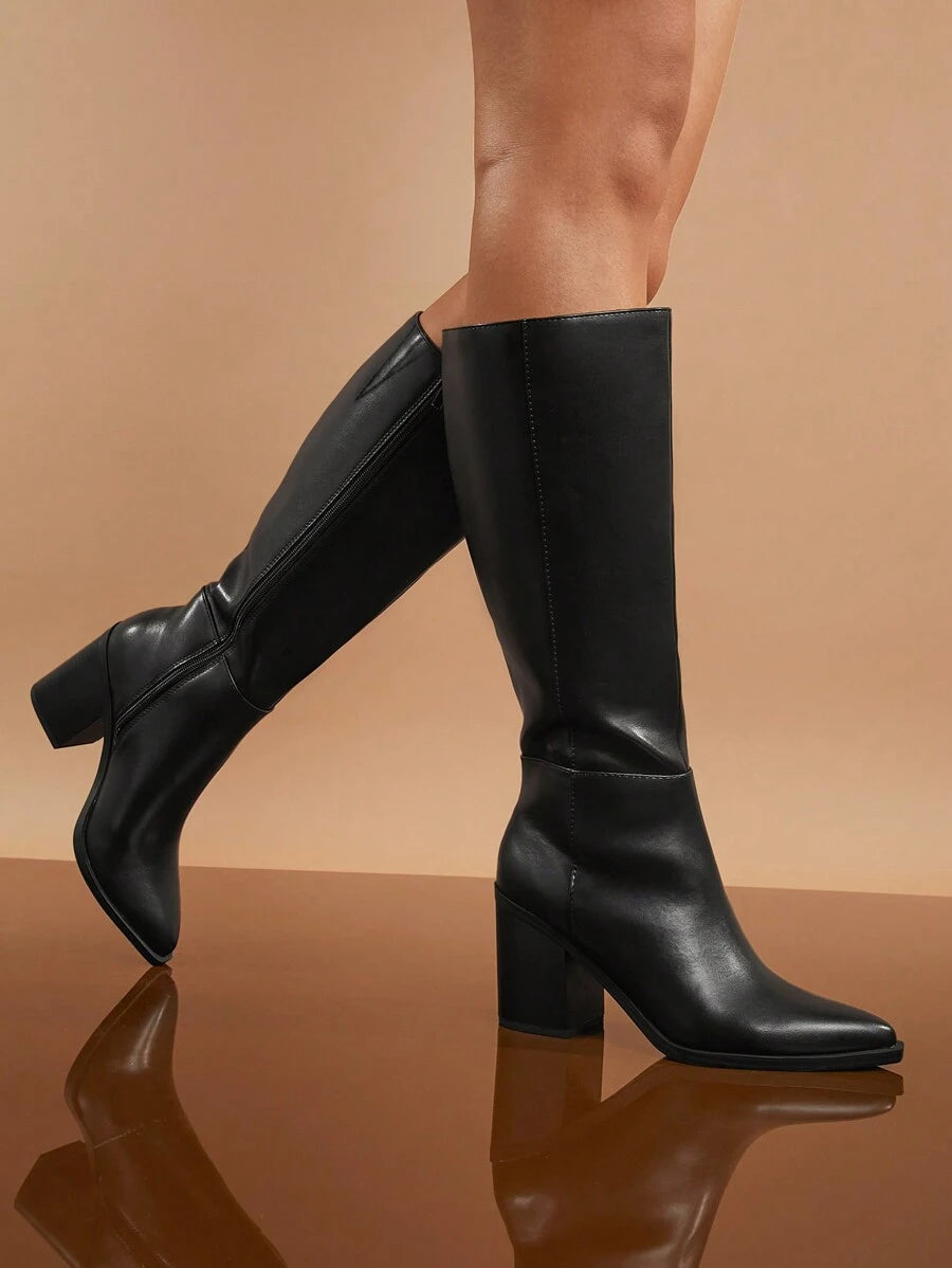 SHUZIA Staple Women's 2.5" Block Heel Snip Toe Premium Oil-Finished PU Black Knee High Boots– Sleek, Comfortable & Timeless, Elevate Your Look Season After Season For Christmas Valentine's Day Mensa