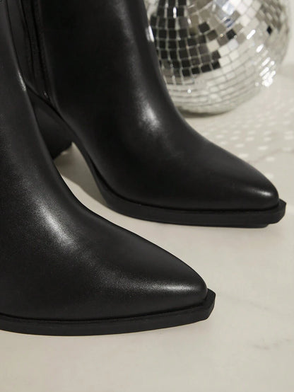 SHUZIA Staple Women's 2.5" Block Heel Snip Toe Premium Oil-Finished PU Black Knee High Boots– Sleek, Comfortable & Timeless, Elevate Your Look Season After Season For Christmas Valentine's Day Mensa