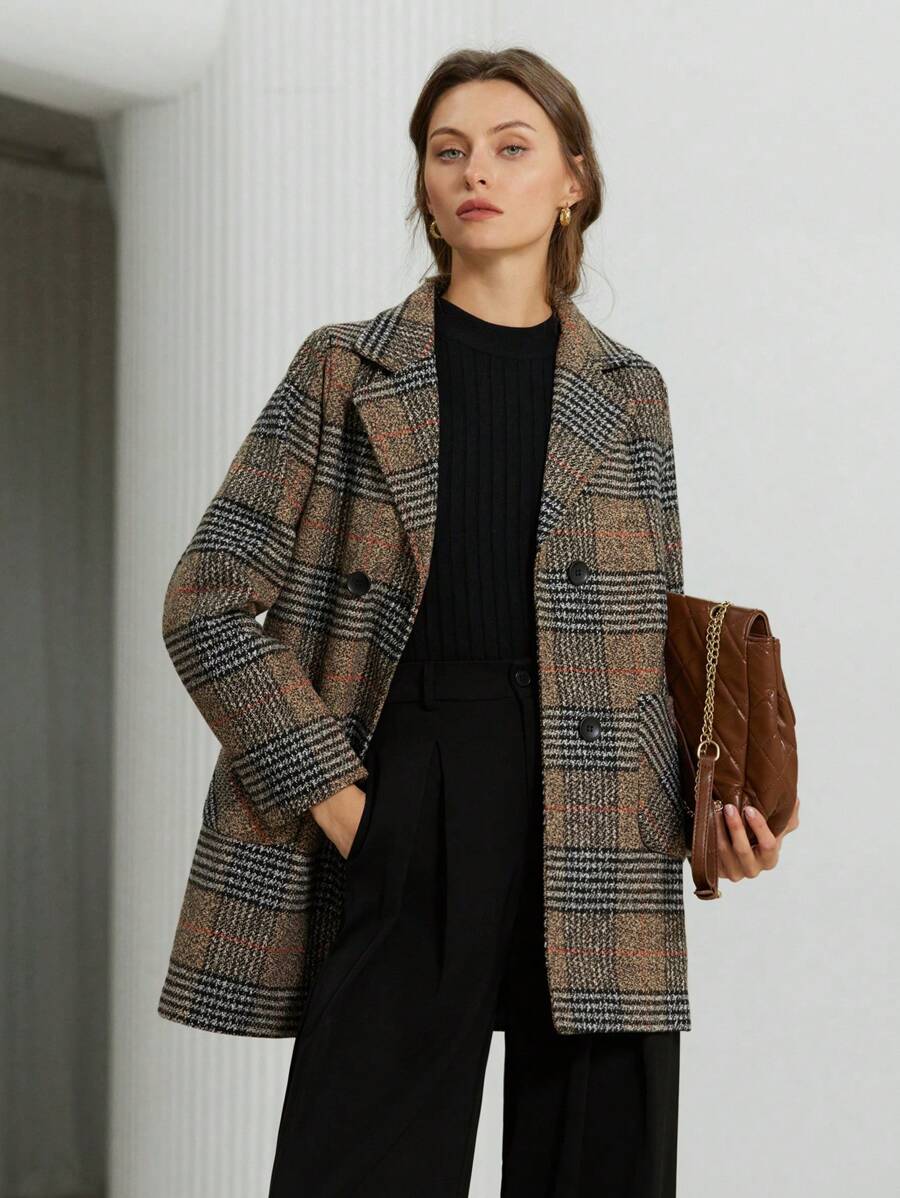 Strasbourg Brown Plaid Double Breasted Lapel Overcoat