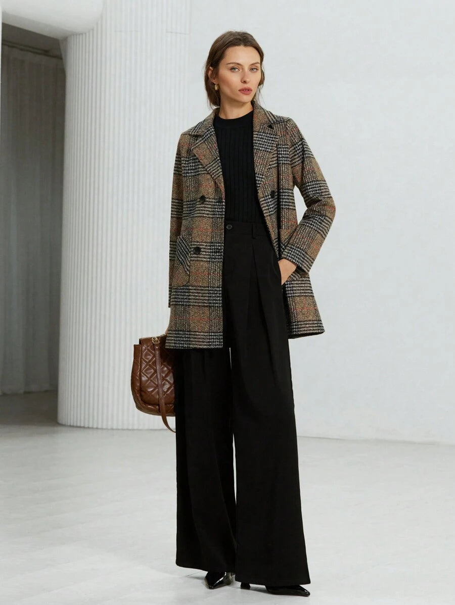 Strasbourg Brown Plaid Double Breasted Lapel Overcoat