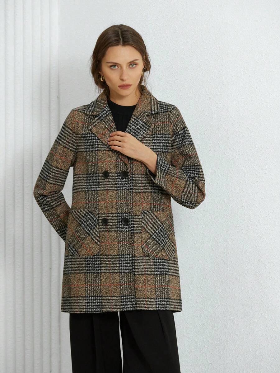 Strasbourg Brown Plaid Double Breasted Lapel Overcoat