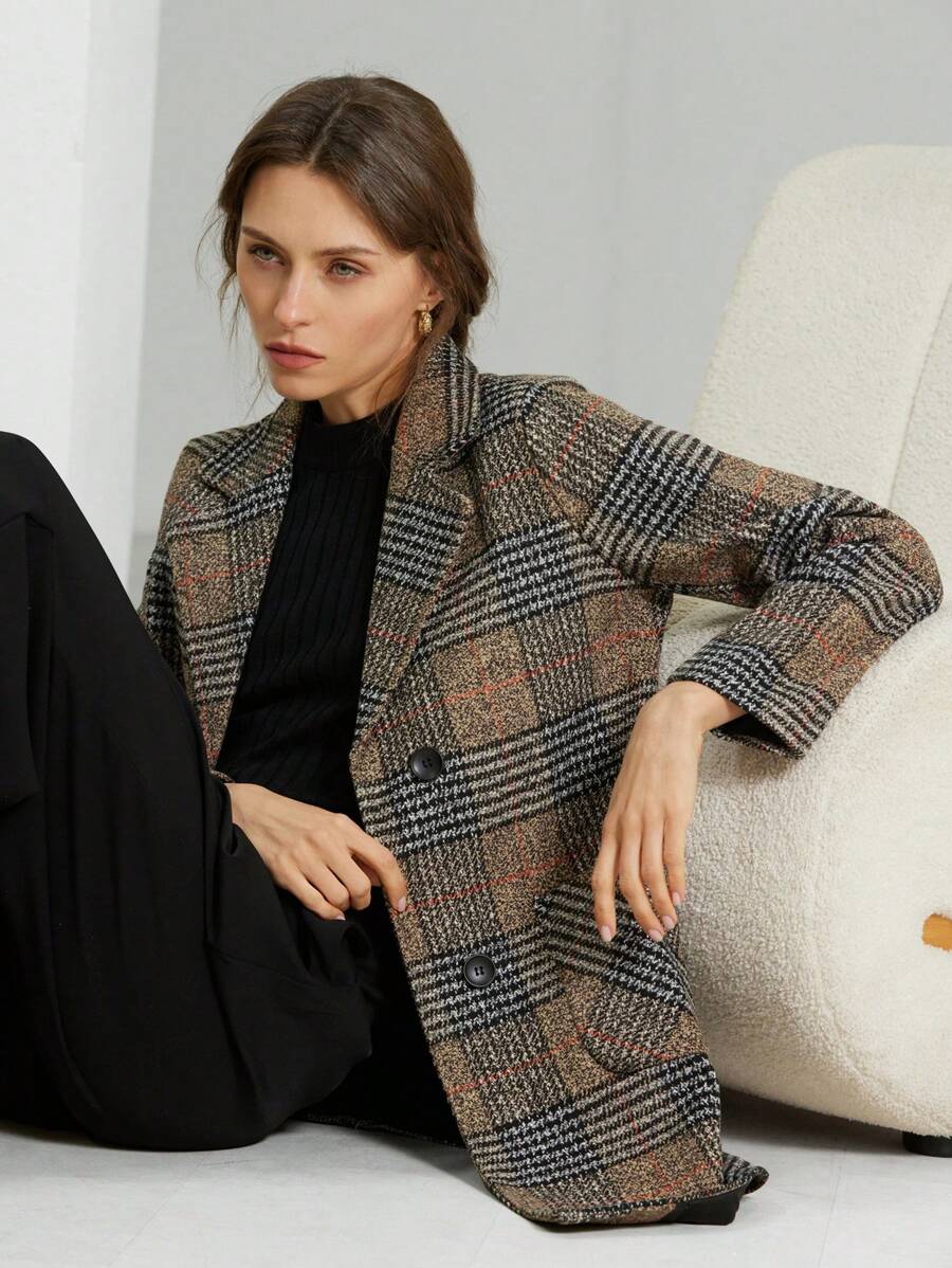 Strasbourg Brown Plaid Double Breasted Lapel Overcoat