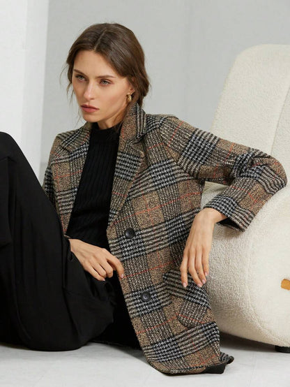 Strasbourg Brown Plaid Double Breasted Lapel Overcoat