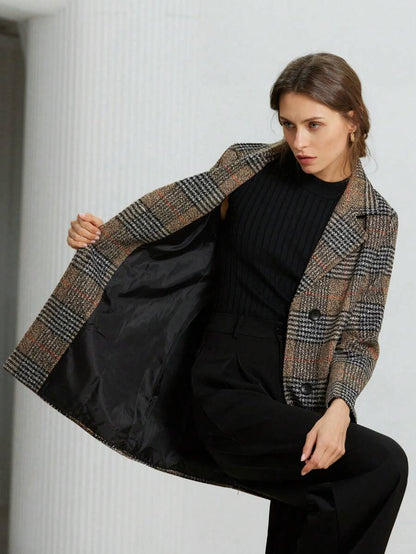 Strasbourg Brown Plaid Double Breasted Lapel Overcoat