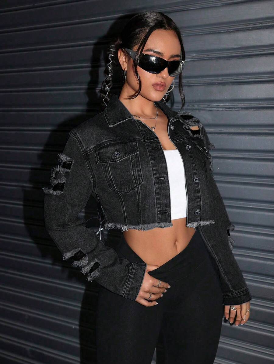 Celeste Distressed Crop Frayed Denim Jacket - Black