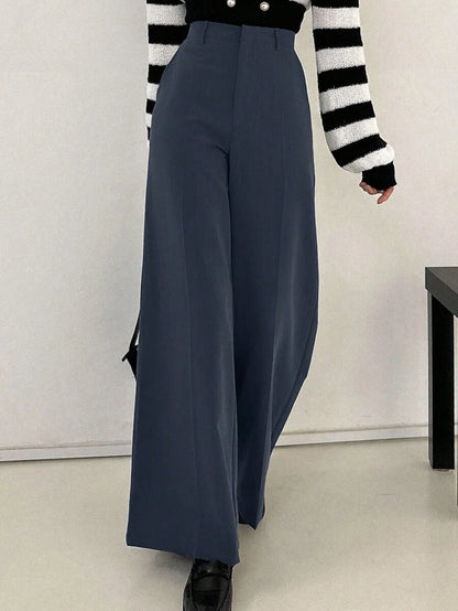 Women's Wide Leg Tailored Trousers, High Waisted Stretch Dress Pants for Work Office - Navy Blue
