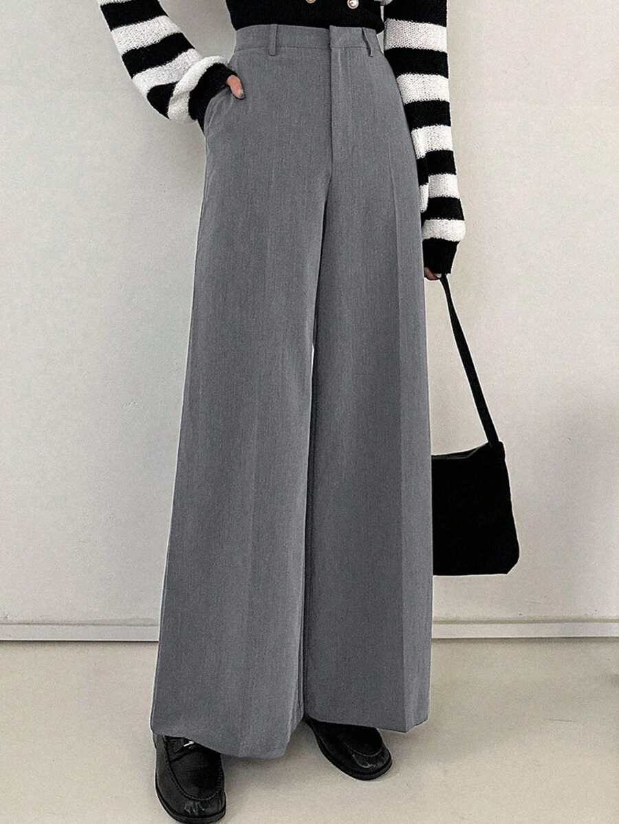 Women's Wide Leg Tailored Trousers, High Waisted Stretch Dress Pants for Work Office - Navy Blue